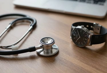 A professional desk composition featuring a medical stethoscope and a modern watch, representing the efficiency and care of the insurance service.
