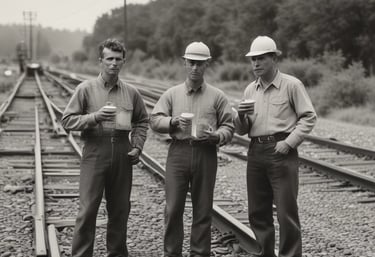 A group of Chicago Transit Authority engineers sharing coffee and laughing together in a break room.