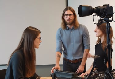 Creative team setting up cameras and lights on a film production set at sunset.