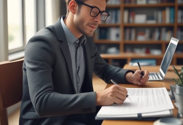 a man in a suit and glasses is sitting at a desk