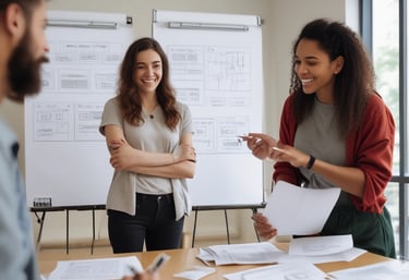 A vibrant workshop scene with engaged participants sharing ideas and smiling.