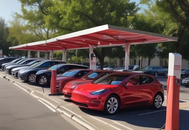 Close-up of an EV charging station with smart sensors and lighted canopy panels.