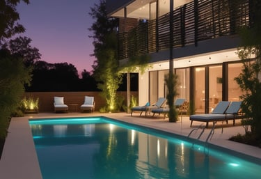 A sparkling renovated pool with underwater LED lights glowing softly at dusk.