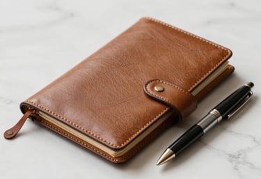 A close-up of a high-quality leather planner and a luxury pen on a clean, soft off-white marble surface.