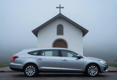 A professional and modern silver-grey hearse parked respectfully in front of a minimalist South American / Peruvian chapel architecture. Morning mist in the air, using Pale Sky Blue and Charcoal Blue tones.