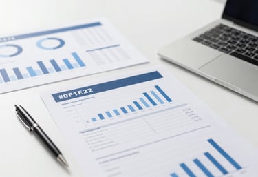 An organized arrangement of professional financial reports, a pen, and a laptop in a clean, brightly lit workspace. The composition is precise and orderly, reflecting compliance and standards using #0F1E2E and #21598B.