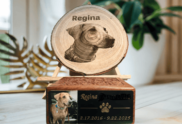 Custom engraved wooden pet urn with a personalized photo and wood slice dog portrait memorial.