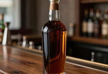A rare, dark glass bottle of aged spirit sitting on a wooden counter. Subtle golden highlights on the glass edges. Background shows a hint of a quiet, upscale bar interior in Brazil. Moody and exclusive lighting.