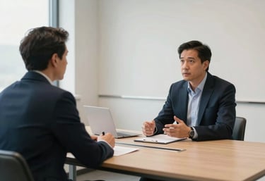 A professional and clean interior shot of a modern North American / US conference room where two individuals are engaged in a serious mentorship discussion, soft natural light, professional attire, steel blue and off-white color palette.