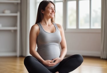 Pregnant woman doing gentle Pilates exercises at home, smiling and relaxed.