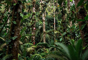 Lush Ecuadorian fruit farm with workers harvesting vibrant pitayas under a bright sky.
