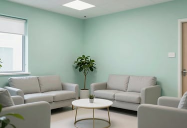 A modern, bright consultation room in a North American medical center with comfortable seating and soft seafoam green decor.