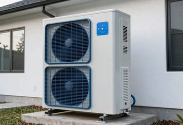 A high-efficiency outdoor heat pump system installed beside a modern North American / US house. Clean, sharp photography with Steel Blue and Powder Blue accents.