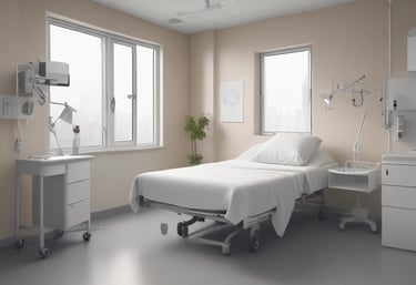 A compassionate nurse assisting a patient in a bright hospital room.