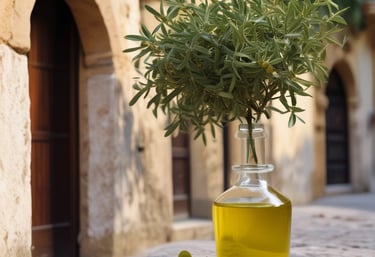 Close-up of golden olive oil pouring from a futuristic bottle with digital holograms.