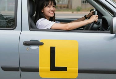 A friendly driving instructor smiling reassuringly at a student behind the wheel during a lesson.