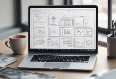 A silver laptop displaying UI/UX design wireframes on a desk next to a glass of tea and a mouse.