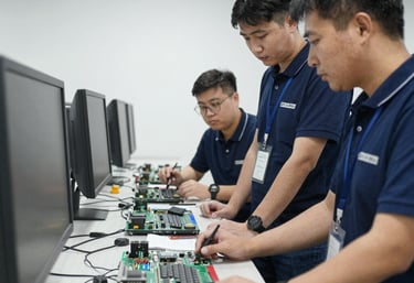 A friendly technician assisting a small business owner with computer setup in a cozy office.