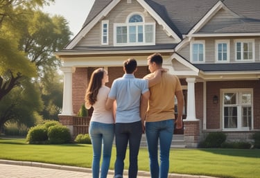 A calm office scene with a mortgage broker discussing loan options with a couple, surrounded by earthy blue decor.
