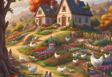 Cozy farm landscape at sunset with rustic wooden fences and grazing animals.