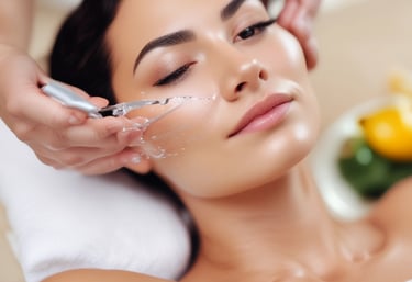Close-up of a woman receiving a gentle facial treatment with natural products.