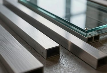 Close-up of premium construction materials, including polished steel and architectural glass, showing precision textures and a clean modern aesthetic.