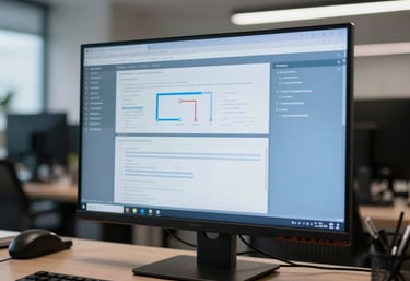 Clean, modern workplace in Bogotá with a focus on a large monitor showing professional layouts in sky blue tones. Professional lighting.