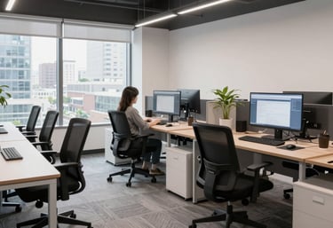 A clean, bright interior shot of a modern software engineering studio in a North American city. Ergonomic furniture and a precise, professional atmosphere.