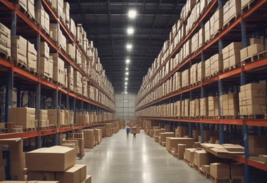 Photo of a consultant reviewing warehouse data on a laptop in a busy distribution center.