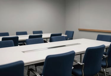 A sleek, professional North American / US conference room used for student advising, featuring navy blue chairs and soft grey walls.