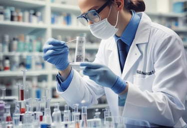 Modern pharmaceutical lab with scientists analyzing compounds under bright clinical lighting