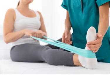 Terapeuta en Quiropraxia dando atención correctiva inicial a paciente en pierna y pie derecho