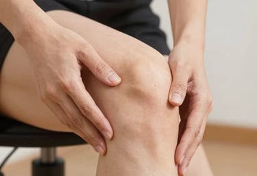 Close-up of multi-layer bandaging being applied to a patient's leg in a bright therapy room.