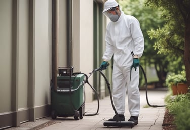 Technician in uniform inspecting a residential kitchen for pests.