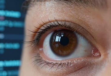 Macro photography of an Indonesian professional's eye reflecting a digital display with blue lines of code. High-tech, futuristic, and focused on detail.