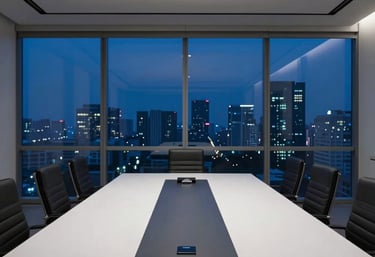 Minimalist photography of a modern Indonesian boardroom at night. Skyline view, blue-tinted windows, and a sleek long table with high-end tech integrated. Authority and prestige.