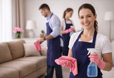 Professional residential cleaning team working inside a home in the VA, MD and DC service area