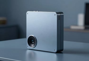 A minimalist North American interior with soft focus on a single piece of high-end tech. Muted steel blue color palette, professional and clean.