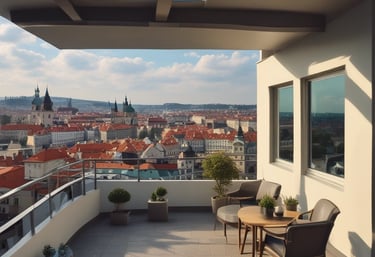 A stunning panoramic view of Prague’s skyline at sunset from a penthouse balcony.