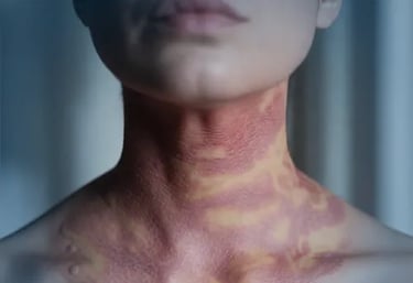 Close-up of a person's neck with a visible red and yellow skin rash, likely contact dermatitis or eczema.