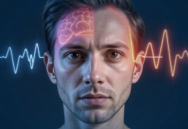 Digital illustration of a man with glowing brain activity and frequency wave overlays representing mental health.