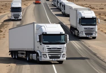 A convoy of trucks driving along a scenic highway stretching through Southern Africa’s landscape.