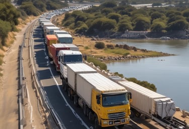 A group of truck drivers gathered around a smartphone, sharing routes and tips on a sunny day.
