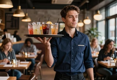 A professional server carrying a tray of drinks in a stylish North American / Quebecois bistro, bustling Montreal atmosphere, warm lighting, accents of Dark Navy Blue.