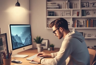 Close-up of hands typing on a sleek keyboard with a background of soft yellow and turquoise accents, evoking a minimalist tech environment.