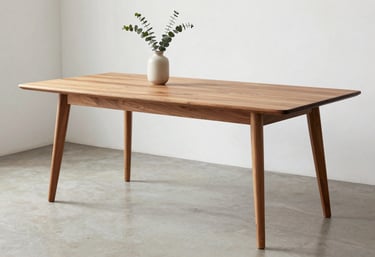 A minimalist teak wood dining table with elegant, tapered legs in a bright room with white walls and a simple vase of eucalyptus. The scene captures a Scandinavian feel within a South Asian / Indian architectural setting.