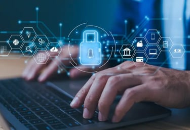 A business man is registering an IP with his laptop