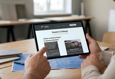 Cliente revisando catálogo de cerramientos metálicos en tablet