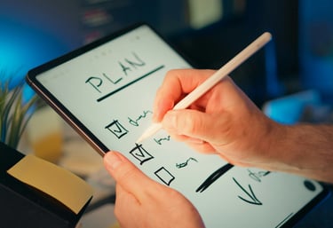 A person using a stylus pen to write a digital plan and check list on a tablet screen.