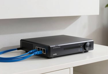 A clean, organised home security hub with a network video recorder and neatly managed blue data cables in a modern European utility room.